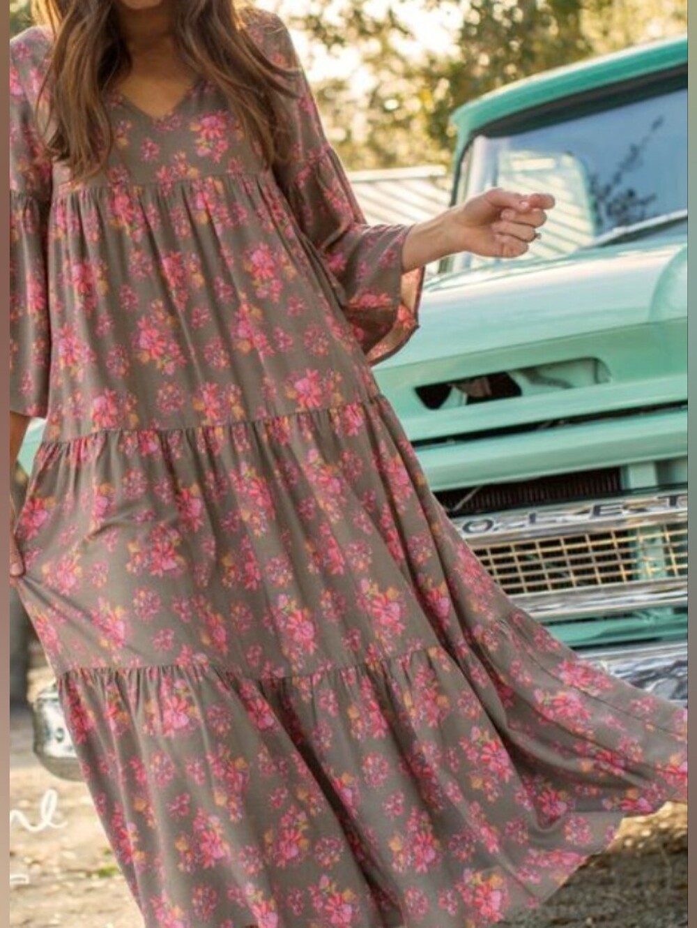 NWT!! NATURAL LIFE, Boho Maxi Dress with Pink Floral Pattern. Size M